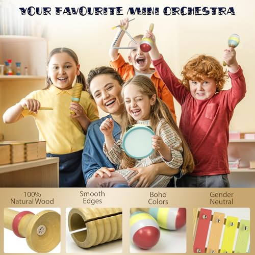 Musical Instruments Set - Montessori Wooden Toys for Toddlers 1-3 | Modern Boho Baby Xylophone with Songbook | Neutral Colors Percussion Instruments | Kids Preschool Educational - style: Xylophone