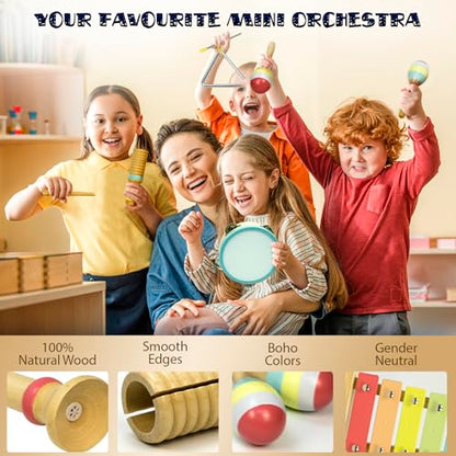 Musical Instruments Set - Montessori Wooden Toys for Toddlers 1-3 | Modern Boho Baby Xylophone with Songbook | Neutral Colors Percussion Instruments | Kids Preschool Educational - style: Xylophone