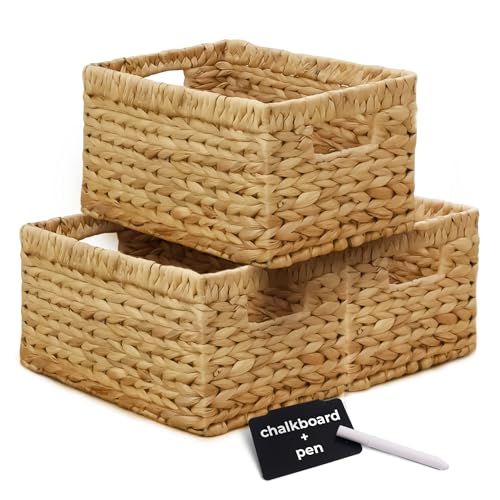 KOKODO Pack 3 Medium Wicker Storage Baskets with Handles, Stylish and Durable Water Hyacinth Rectangle Handwoven Basket Bin with Metal Frame & Handle for Room Organizing - color: Natural, size: Medium Set 3, 12.5"Lx7.5"W