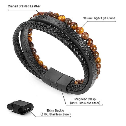Leather Bead Bracelets for Men, Natural Tiger Eye Lava Rock Stone Bead Magnetic Clasp Adjustable Leather Bracelets Stress Relief Mens Anxiety Bracelet Mens Jewelry Gifts - style: Black Leather-Tiger Eye Bead