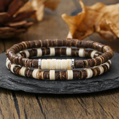 Puka Shell Bracelet for Men Wooden Bracelets Turquoise Stack Beaded Minimalist Trendy Jewelry for Friend Gift - style: 2pcs-Brown White