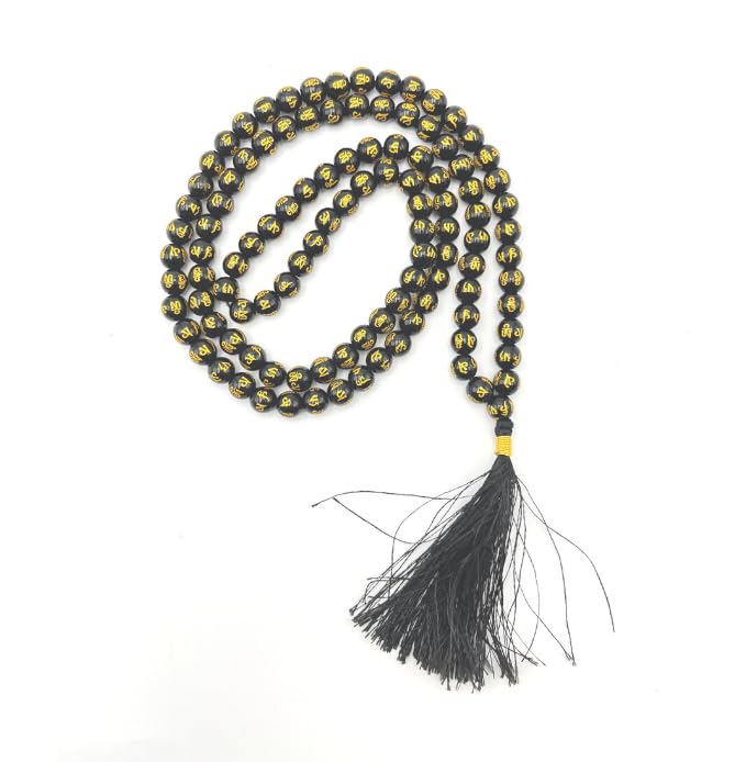 GEMSCITE Japa Mala 108 Prayer Beads Perfect for Meditation Spiritual Mala Necklace & Wrist Mala Bracelet - color: Black Agate (Om), size: Without Knots