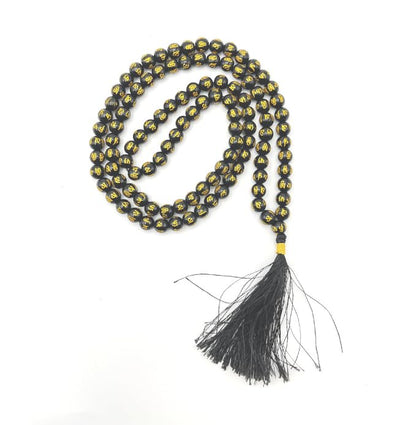 GEMSCITE Japa Mala 108 Prayer Beads Perfect for Meditation Spiritual Mala Necklace & Wrist Mala Bracelet - color: Black Agate (Om), size: Without Knots