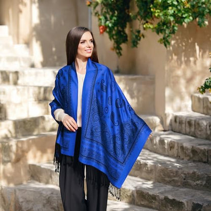Ciormis Two Tone Silky Paisley Pashmina Shawl Scarf,Soft Women's Rave Jacquard Pashminas Wrap Scarves - color: P#. Royal Blue Paisley