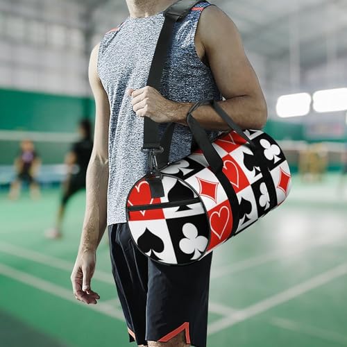 Suits Hearts Diamonds Clubs Spades Grid Poker Playing Cards Cylindrical Portable Fitness Bag, Large Capacity Handbag - color: suits hearts diamonds clubs spades Grid Poker