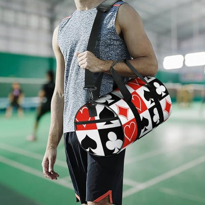 Suits Hearts Diamonds Clubs Spades Grid Poker Playing Cards Cylindrical Portable Fitness Bag, Large Capacity Handbag - color: suits hearts diamonds clubs spades Grid Poker