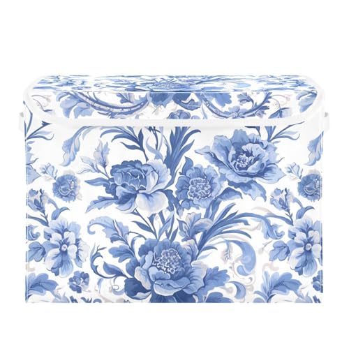 Flower Blue Lidded Storage Bins with Handles - 16.5"x12.6"x11.8" Foldable Organizing Box, Oxford Fabric & Honeycomb Board, Dust-Proof Flip Lid for Closet/Office