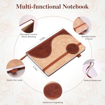 Lined Journal Notebook, A5 Hardcover Leather Journal for Men Women, 200 Pages 100 GSM Thick Paper, Journaling Notebooks for Work School Travel Note Taking, Beige & Brown - color: Beige & Brown