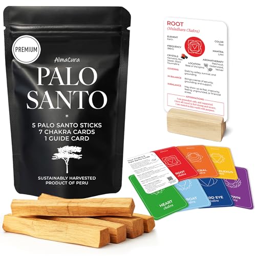 Chakra Cards and Palo Santo Gift Set Including 7 Chakra Affirmation Cards with Wooden Stand and 5 Smudge Sticks from Peru for Meditation, Yoga and Spiritual Rituals