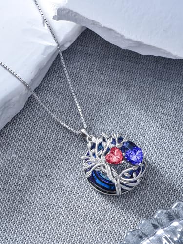 TOUPOP s925 Sterling Silver Family Celtic Tree of Life Pendant Necklaces with 2 Heart Birthstone with Blue Austrian Crystal Jewelry Birthday Valentines Day Gifts for Her, Anniversary Christmas Gifts for Wife Girlfriend Mom (18K Real White Gold Filled) - c