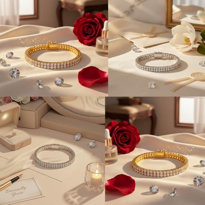 2 Rows Tennis Bracelets for Women Men - 18K Yellow Gold Plated 3mm Round Cut Cubic Zirconia Classic Tennis Bracelet, Size 6.5-8.5 Inch - color: White Gold - 2 Rows, size: 6.5 inch