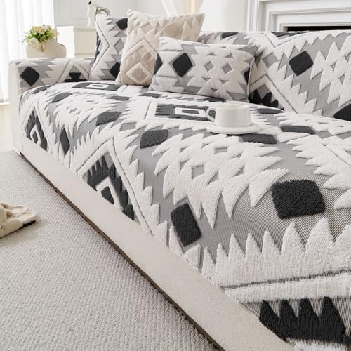 Boho Plush Couch Covers for Sofa Washable, Fuzzy Soft Couch Cover for Sectional Sofa, Non Slip Jacquard Sofa Cover Furniture Protector for Kids, Pets (Dark Grey,28"x28") - color: Dark Grey, size: 28"x28"/Armrest or Backrest Cover