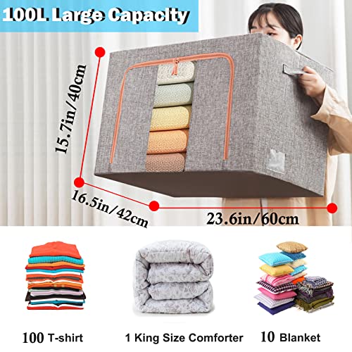 Large Capacity Clothes Storage Bags Stackable Storage Organizer with Foldable Metal Frame Zipper Handles Clear Window Storage Container Box for Blanket Sweater Comforter Pillow (100L Gray 2 Pack)