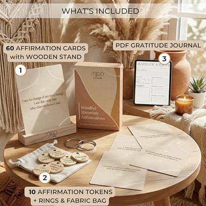 Mindful 60 Positive Affirmation Cards for Women with 10 Inspirational Tokens, 2 Rings & Display Stand, Daily Affirmations for Inspiration & Self Care, Unique Gift Cards for Women and Men