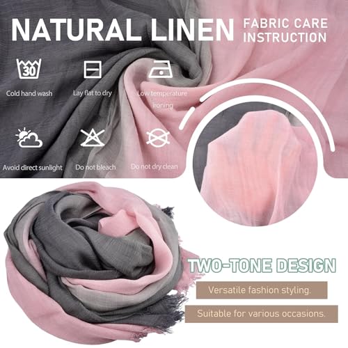 Two-tone Linen Scarf for Women Lightweight Summer Wrap Cotton Shawl Beach Travel Pashmina Gauze 75"×35" - color: Pink/Light Grey
