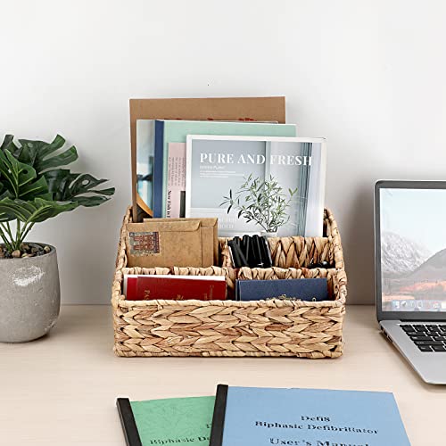 BTSKY Woven Divided Storage Basket Natural Hyacinth Vertical Wicker Storage Baskets 4 Compartments Desktop Home Office Supplies Sorter Rack