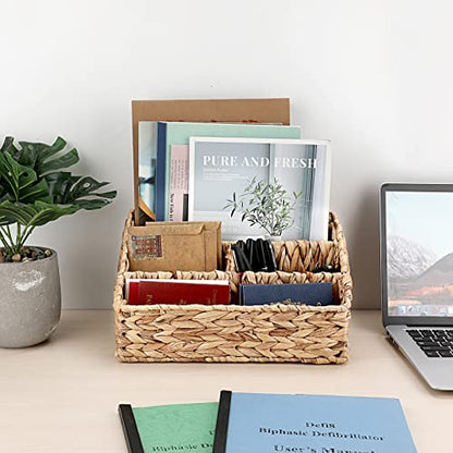 BTSKY Woven Divided Storage Basket Natural Hyacinth Vertical Wicker Storage Baskets 4 Compartments Desktop Home Office Supplies Sorter Rack