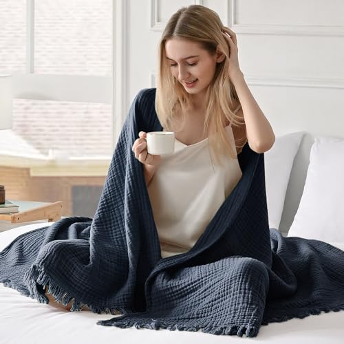 Esterra Muslin Throw Blanket 50x65 Inches Cozy Soft Lightweight Pre-Washed Cotton Blanket, All Season Breathable 4-Layer Gauze Blanket Throw for Sofa Couch Bed, Navy Blue - color: 13 - Navy Blue, size: Throw (50"x65")