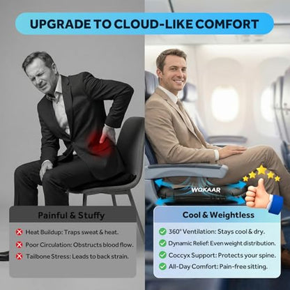 Inflatable Airplane Seat Cushion with Memory Foam | 3D Scalloped Air Baffles | Sit-to-Adjust Firmness | 2-in-1 Seat Pad & Lumbar Support, Tailbone Relief | 30s Inflate & 1s Deflate | Travel & Office