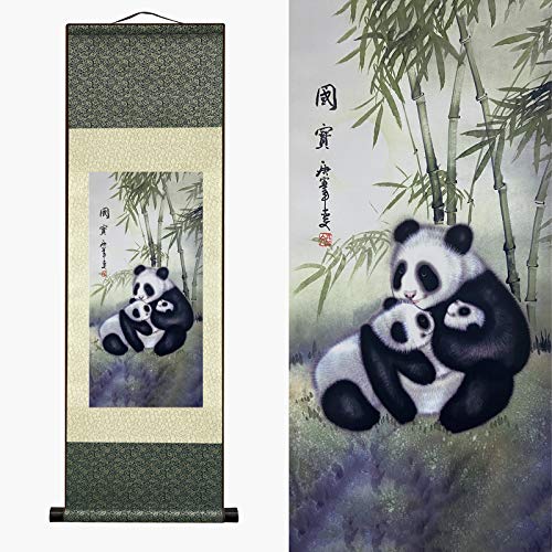 AtfArt Asian Wall Decor Beautiful Silk Scroll Painting Chinese Panda National Treasure Oriental Decor Chinese Art Wall Scroll Wall Hanging Painting Scroll (36.2 x 12 in) - color: B4
