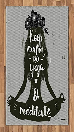 Ambesonne Meditation Area Rug, Keep Calm Do Yoga and Meditate Lettering with Silhouette of Woman in Lotus, Flat Woven Accent Rug for Living Room Bedroom Dining Room, 2' 6" x 5', Dark Green Grey