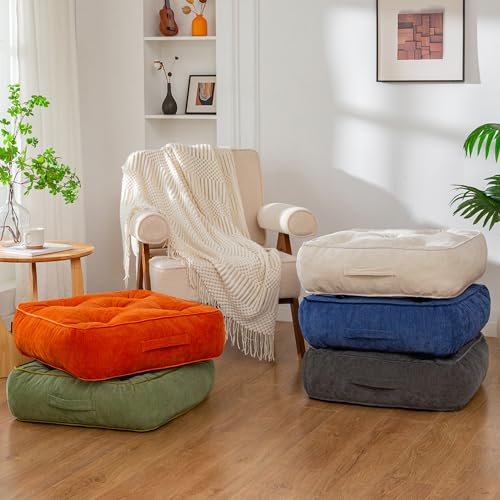 HIGOGOGO 6" Extra Thick Floor Pillow Cushion for Adults, Meditation Cushion Pillow with Handle, Lustrous Chenille Tufted, Square Floor Sitting for Tatami Living Room or Yoga, 22x22 Inch, Beige