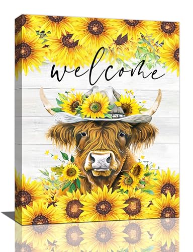 Highland Cow Wall Art Sunflower Welcome Cow Pictures Wall Decor Farmhouse Highland Cow Canvas Painting Home Modern Artwork Decorations Framed for Bathroom Living Room Bedroom Office 12 x 16 inch - color: Welcome, size: 16"L x 12"W