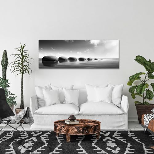 iKNOW FOTO Large Tranquil Zen Stones Canvas Print Monochrome Spa Wall Decor for Home & Office - Serene Nature Artwork for Living Room, Bathroom Mindfulness Black & White Picture 20x55 Inch