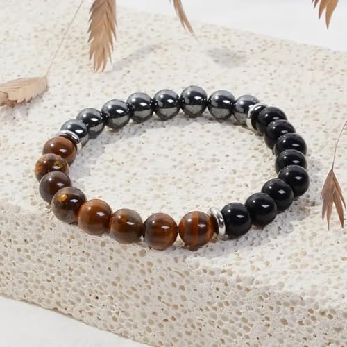 Energy Mens Beaded Bracelets,Triple Protection Bracelet for Men,Made of Three Kinds of 8mm Beads (Black Obsidian Hematite Tiger Eye Beaded), Personalized Gifts for Men - size: 8.4 inches
