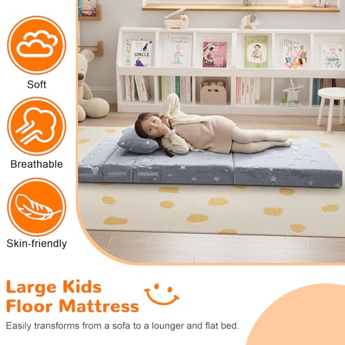 MeMoreCool Kids Tri-Fold Sofa Bed – Glow Star Floor Mattress & Foldable Futon Chair Convertible Toddler Couch | Soft Plush Lounge Mat | Playroom Furniture | Includes Pillow - color: Star