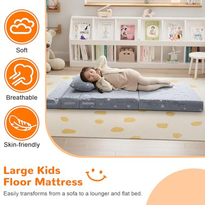 MeMoreCool Kids Tri-Fold Sofa Bed – Glow Star Floor Mattress & Foldable Futon Chair Convertible Toddler Couch | Soft Plush Lounge Mat | Playroom Furniture | Includes Pillow - color: Star