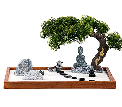 Zen Garden Kit - Mini Jardin Zen Garden for Desk with Buddha Shape Accessories, 14 x 10 inch