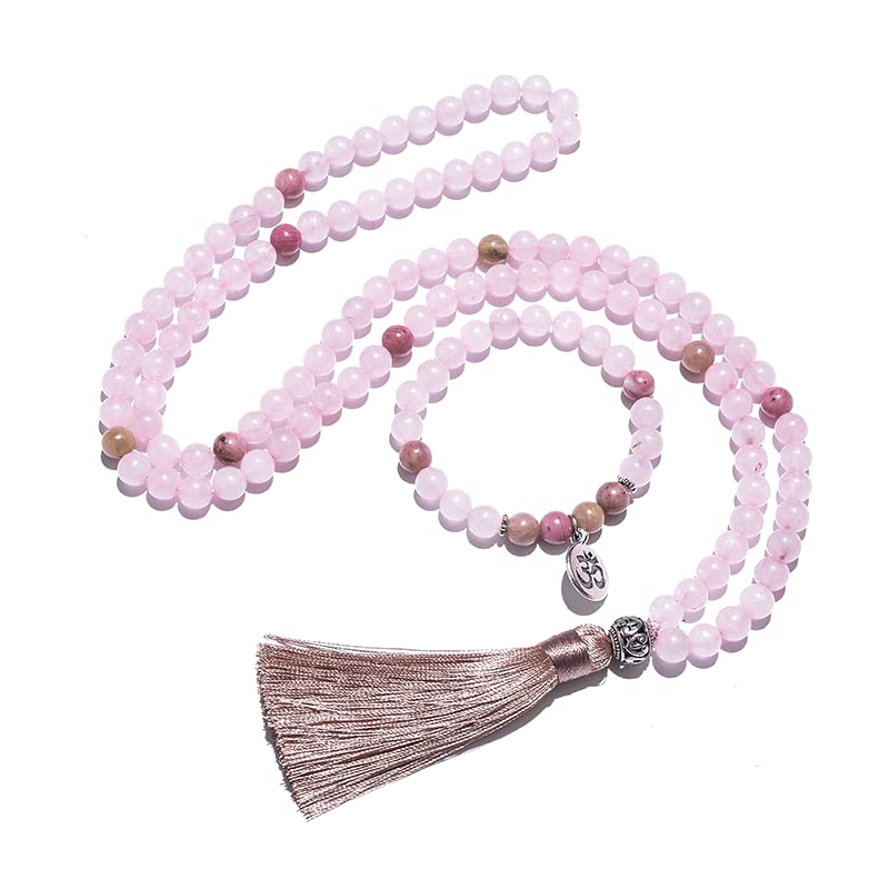 108 Mala Prayer Beads Necklace 8mm Natural Stones Meditation Yoga Jewelry Sets 108 Hand Made Japa Mala Beaded Long Tassel Necklace with Tassel Pendant for Men and Women - color: Rose quartz