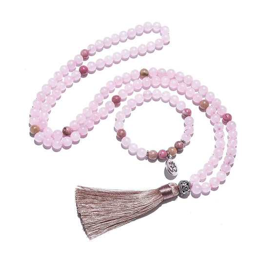 108 Mala Prayer Beads Necklace 8mm Natural Stones Meditation Yoga Jewelry Sets 108 Hand Made Japa Mala Beaded Long Tassel Necklace with Tassel Pendant for Men and Women - color: Rose quartz