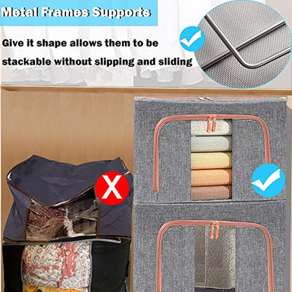 Large Capacity Clothes Storage Bags Stackable Storage Organizer with Foldable Metal Frame Zipper Handles Clear Window Storage Container Box for Blanket Sweater Comforter Pillow (100L Gray 2 Pack)