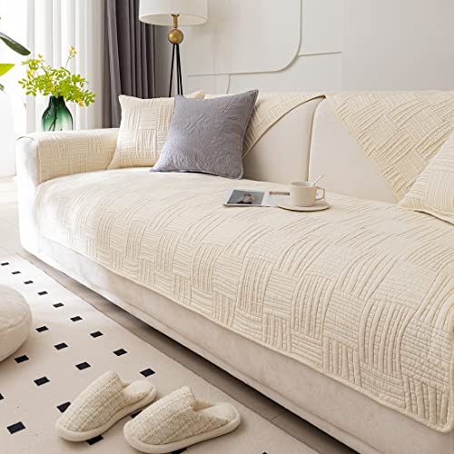 Farmhouse Couch Cover Solid Color Neutral Sofa Cover Soft Cotton Quilted Sectional Couch Covers Non Slip Washable Sofa Slipcover Furniture Protector for Living Room (Ivory B,28"x47") - color: Ivory B, size: 28"x47"/Rectangular