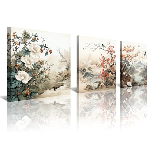 NAN Wind Traditional Chinese Decor Oriental Flowers Birds Canvas Wall Art for Bedroom Floral Wall Decor Framed Artwork Vintage Prints Paintings for Bathroom Kitchen Decorations - color: Flower and Birds, size: 12x12 inches (3 pieces)