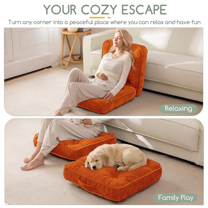 HIGOGOGO Large Floor Pillow Cushion for Adults, Meditation Cushion Pillow with Handle, Lustrous Chenille Tufted, Square Floor Sitting for Tatami Living Room or Yoga, 22x22 Inch, Orange