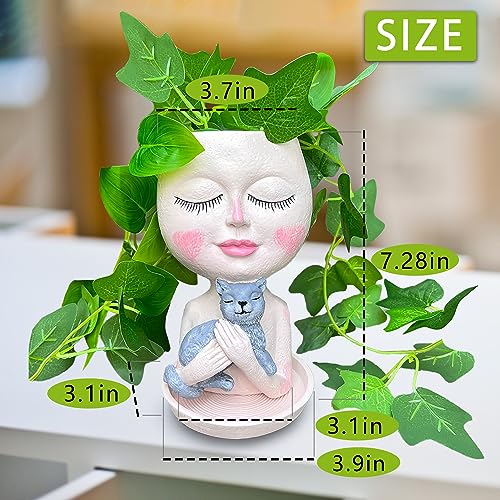 Face Plant Pots Head Planters - Face Flower Pot Head Planter with Cat, Succulent Pots with Drainage Hole, Resin Lady Planter for Indoor Outdoor, Home Decor, Mother's Day/Women Gifts - size: Medium, style: Girl Hugs Cat
