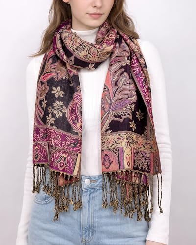Achillea Elegant Paisley Floral Pashmina Shawl and Wrap – Boho Rave Scarf for Festival, Travel & Everyday Wear - color: Black Rose Pink