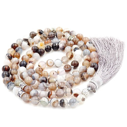 mala Beads Necklace for Women Man, mala Bracelet, Prayer Beads Necklace - color: Botswana agate