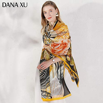 100% Mulberry Extra Large Silk Pashmina Scarf Shawls And Wraps For Women Evening Dress Summer Travel Floral Blanket - color: 91 Yellow