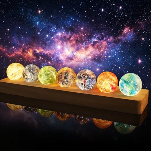 LOSCHEN 7 Chakra Natural Healing Spheres with LED Wooden Stand 40mm Crystal Quartz Stones for Meditation Energy Balancing Decor, Yoga Zen Home Office Desk Ornament