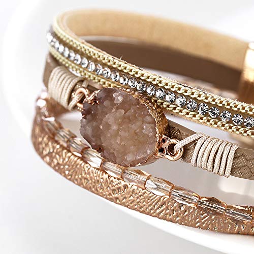 Fesciory Leopard Bracelet for Women, Boho Leather Wrap Multi-Layer Pearl Crystal Bracelet Bangle Jewelry - style: Gold Stone(Short)