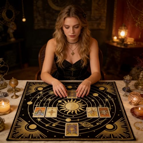 Tarot Altar Cloth Universe Solar System Print Card Table Tablecloth Celestial Golden Sun Tablecloth with Tarot Bag for Reading Rituals Crystals Spiritual Divination Witchcraft Supplies - color: Universe Solar System