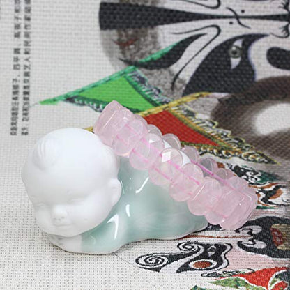 Keleny Semi Precious Stones 14mm Faceted Oval Beads Crystal Rock Elastic Bangle 7.5 Inch - color: A Grade Rose Quartz