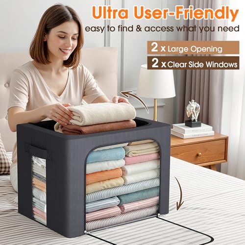 6 Pack Clothes Storage Bins with Metal Frame,40L Storage Bags Fabric Box Organizer with Clear Window,Zippers,Sturdy Handles(6 Pcs,Light Grey,40L)