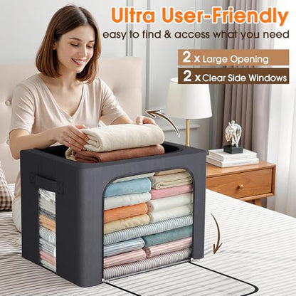 6 Pack Clothes Storage Bins with Metal Frame,40L Storage Bags Fabric Box Organizer with Clear Window,Zippers,Sturdy Handles(6 Pcs,Light Grey,40L)