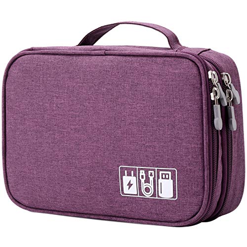 MIRLEWAIY Travel Electronics Organizer Soft Case Small Electronic Accessories Carrying Bag Double-Layer for Cords Phone Chargers Cables Earbuds Adapter Mouse, Purple - color: Purple-1