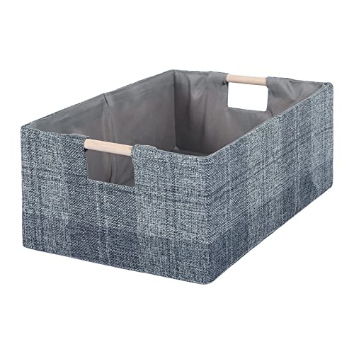 Fabric Storage Bin Box Collapsible Cotton Linen Storage Cube with Wooden Handles Rectangular Decorative Home Organizer Clothes Blanket Basket– Dark Gray Plaid, Medium - color: Dark Gray Plaid, size: Medium